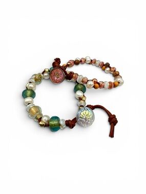 Artisan Czech Glass Pearl Leather Wood Wrap Bracelet Vintage Glass Button